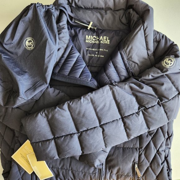 Michael Kors Packable Puffer Down Coat Navy Women’s Medium Quilted Jacket NWT - Picture 6 of 7